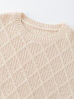 SOFT CASHMERE-TOUCH CREWNECK SWEATER WITH DIAMOND OPENWORK KNIT | LIGHT GREY & SOFT BEIGE