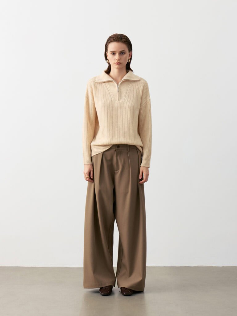 Pure Cashmere Half-Zip Polo Sweater – Luxury Oversize Knit Top Full Outfit View - Pure Material