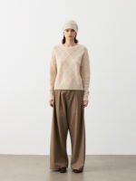 SOFT CASHMERE-TOUCH CREWNECK SWEATER WITH DIAMOND OPENWORK KNIT | LIGHT GREY & SOFT BEIGE