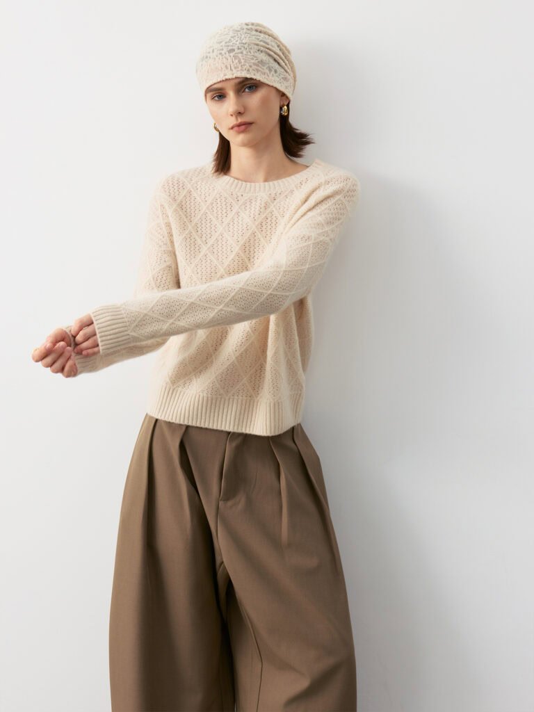 Pure Cashmere Crewneck Sweater with Diamond Openwork Knit Soft Beige (Model Styling View)