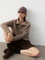 100% CASHMERE HALF-ZIP COLLARED SWEATER | LIGHT GREY & TAUPE BROWN