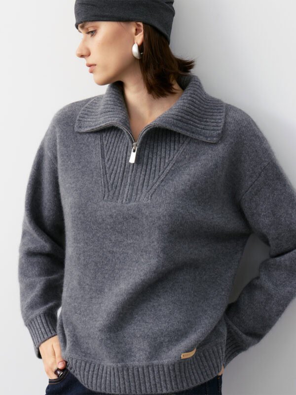 LUXURY CASHMERE HALF-ZIP COLLARED SWEATER | TAUPE BROWN & CHARCOAL GREY