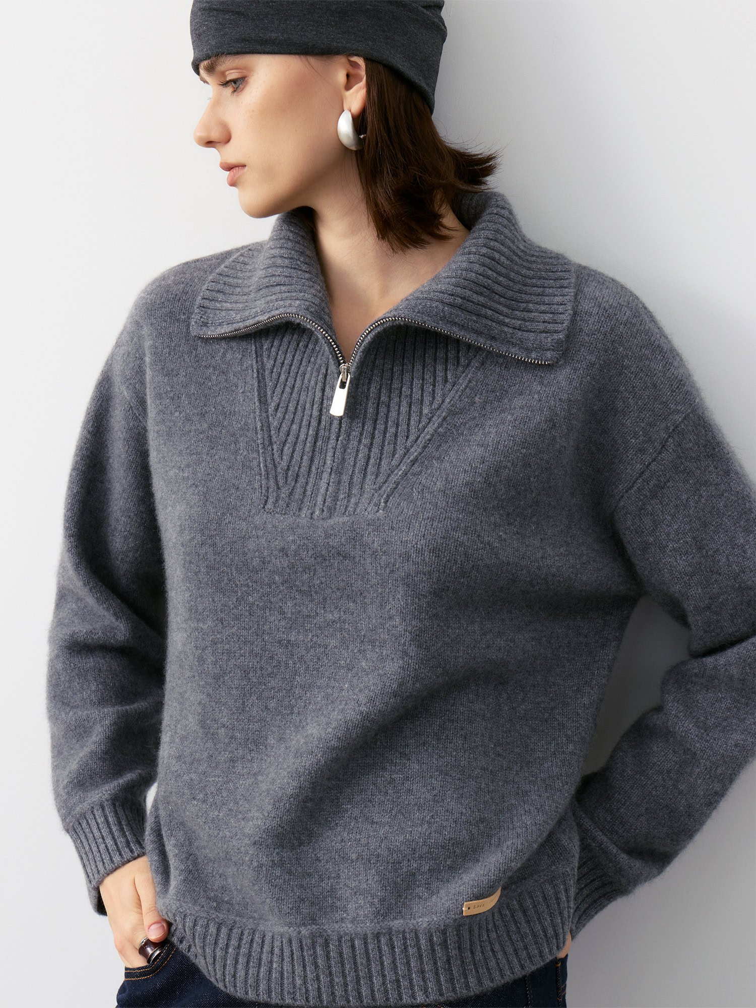 Model Wearing Charcoal Grey 100% Cashmere Half-Zip Collared Sweater, Side View