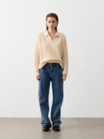 LUXURY CASHMERE POLO NECK SWEATER | TAUPE BROWN & CREAM BEIGE, RIBBED KNIT