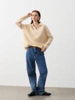 LUXURY CASHMERE POLO NECK SWEATER | TAUPE BROWN & CREAM BEIGE, RIBBED KNIT