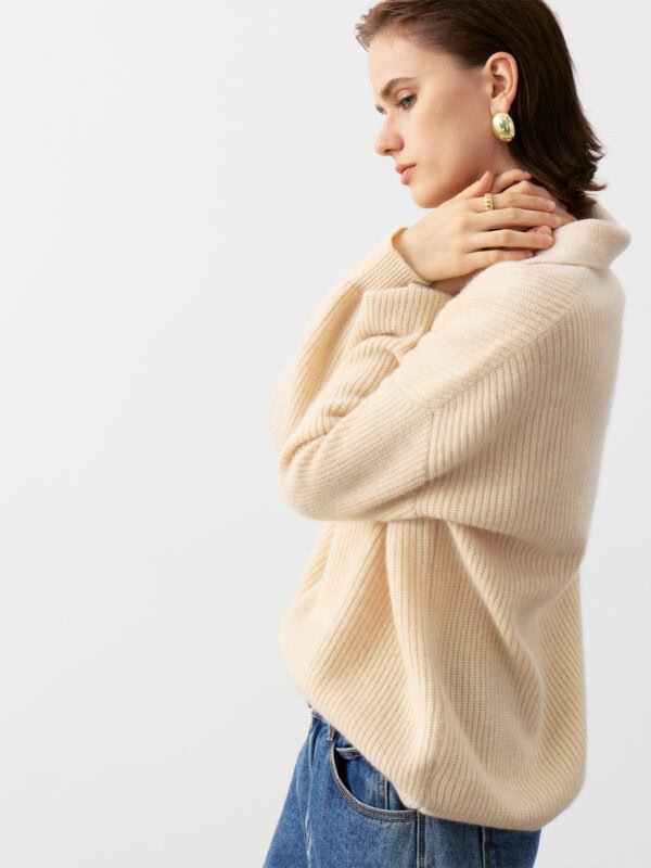 LUXURY CASHMERE POLO NECK SWEATER | TAUPE BROWN & CREAM BEIGE, RIBBED KNIT