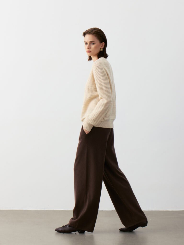 Pure Cashmere Crewneck Sweater with Openwork Knit Soft Beige (Model Styling View)