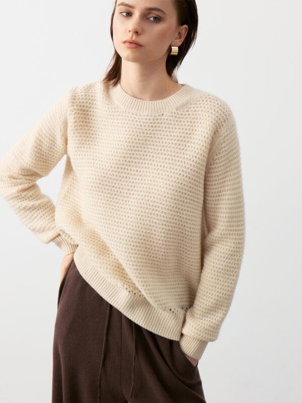 PREMIUM CASHMERE TOUCH CREWNECK SWEATER WITH OPENWORK KNIT | SOFT BEIGE