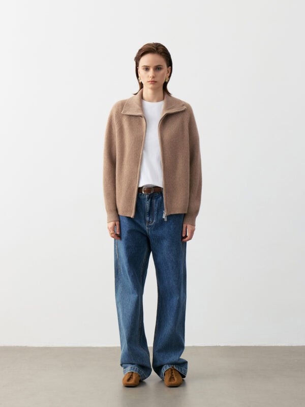 SOFT CASHMERE-TOUCH ZIP-UP CARDIGAN WITH SHAWL COLLAR | TAUPE BROWN & SOFT BEIGE