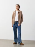 SOFT CASHMERE-TOUCH ZIP-UP CARDIGAN WITH SHAWL COLLAR | TAUPE BROWN & SOFT BEIGE