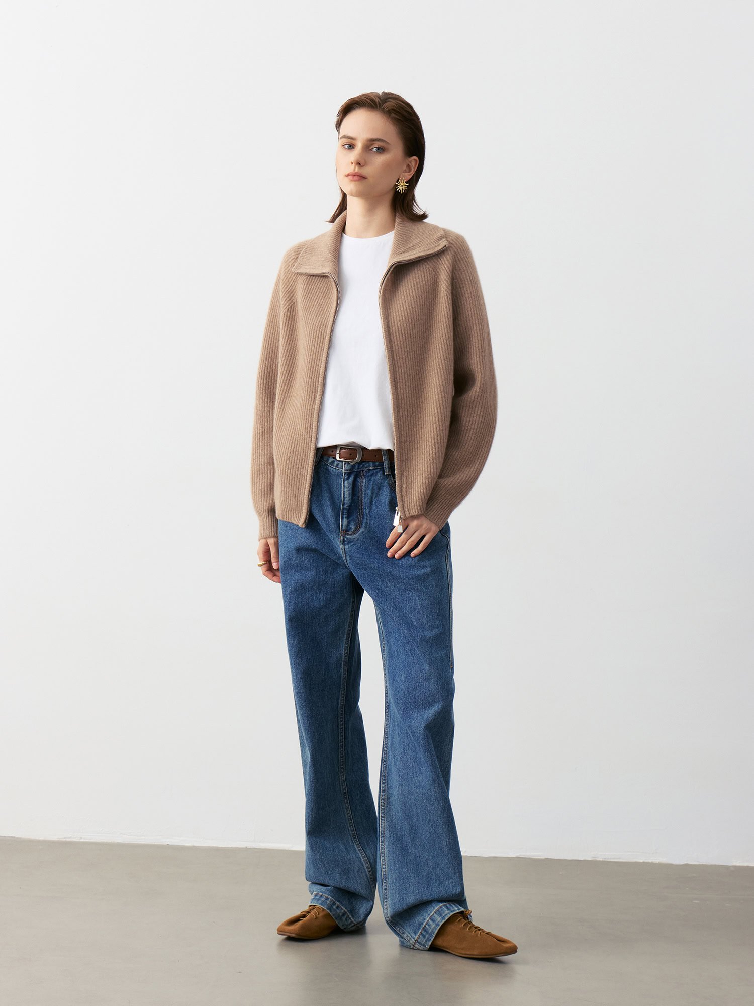 100% Cashmere Zip-Up Cardigan with Shawl Collar Taupe Brown & Soft Beige (Model Front View)