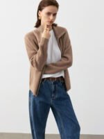 SOFT CASHMERE-TOUCH ZIP-UP CARDIGAN WITH SHAWL COLLAR | TAUPE BROWN & SOFT BEIGE