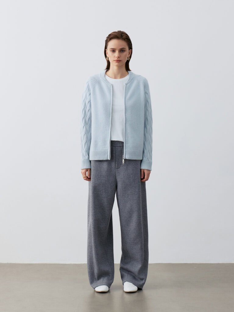 Pure Cashmere Cable-Knit Zip-Up Cardigan – Light Blue Full Outfit Front View - Pure Material