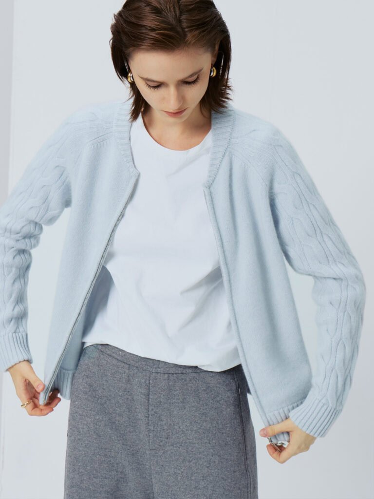 Pure Cashmere Cable-Knit Zip-Up Cardigan – Light Blue Model View - Pure Material