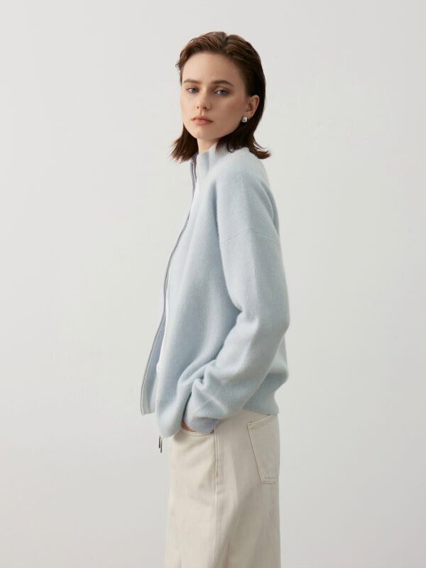 GOAT CASHMERE SPORTY ZIP-UP CARDIGAN | LIGHT BLUE WITH CREAM STRIPES