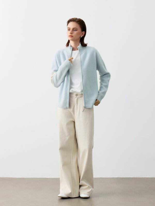 GOAT CASHMERE SPORTY ZIP-UP CARDIGAN | LIGHT BLUE WITH CREAM STRIPES