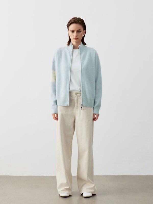 GOAT CASHMERE SPORTY ZIP-UP CARDIGAN | LIGHT BLUE WITH CREAM STRIPES