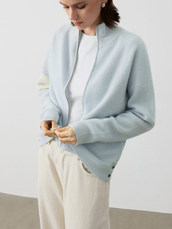 GOAT CASHMERE SPORTY ZIP-UP CARDIGAN | LIGHT BLUE WITH CREAM STRIPES