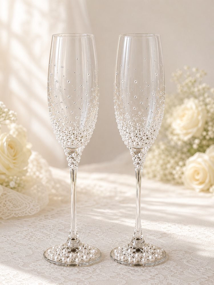 Pearl Crystal Champagne Flute Set with ivory faux-pearl accents and crystal beadwork