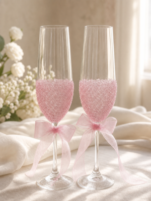 Pink Crystal Bow Champagne Flute Set of 2