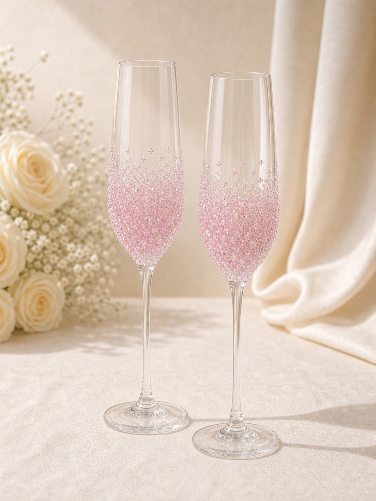 Pink crystal champagne flute set of two on warm ivory linen