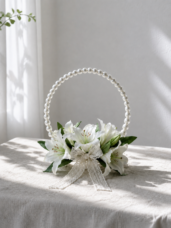 White Lily Pearl Basket Bridal Bouquet