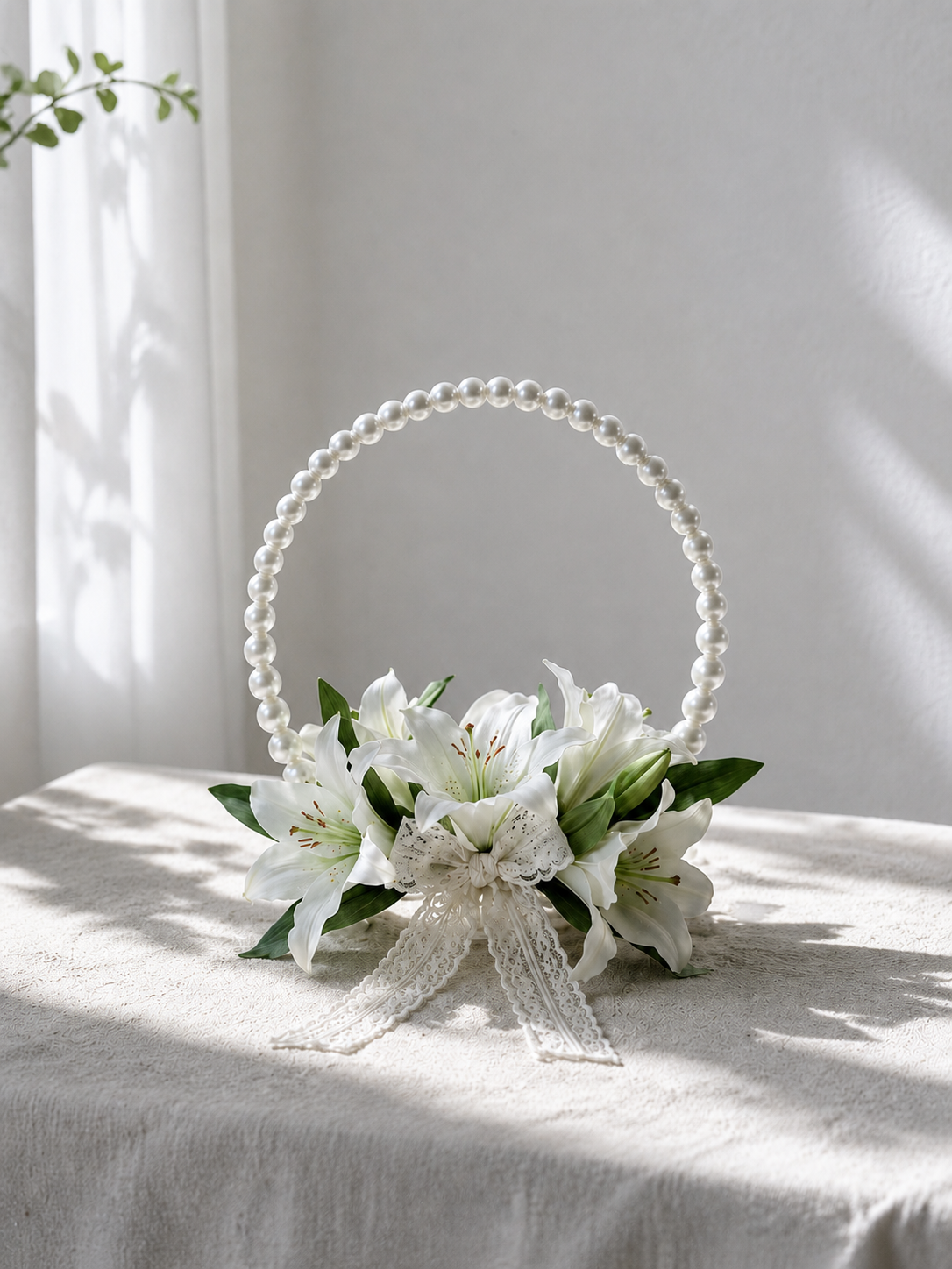 Documentary-style white lily pearl basket bridal bouquet with ivory pearl handle and lace bow.