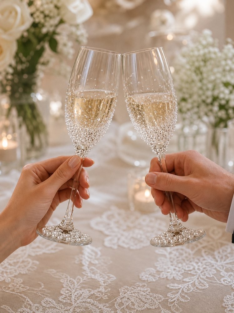 Bride and groom sharing a wedding toast with pearl crystal champagne flutes