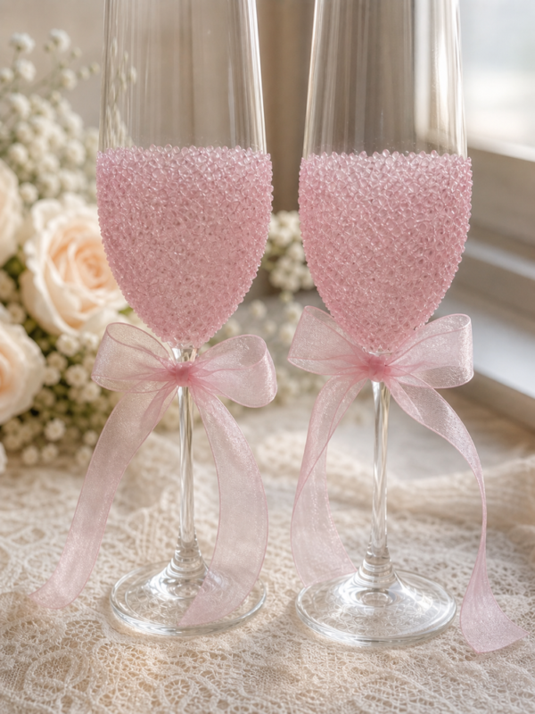 Pink Crystal Bow Champagne Flute Set of 2