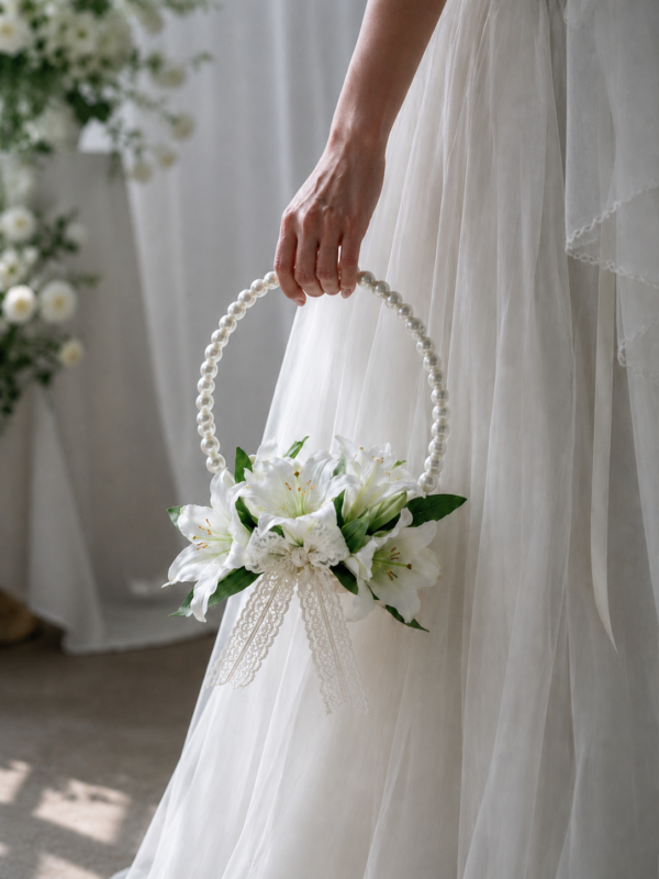 White Lily Pearl Basket Bridal Bouquet