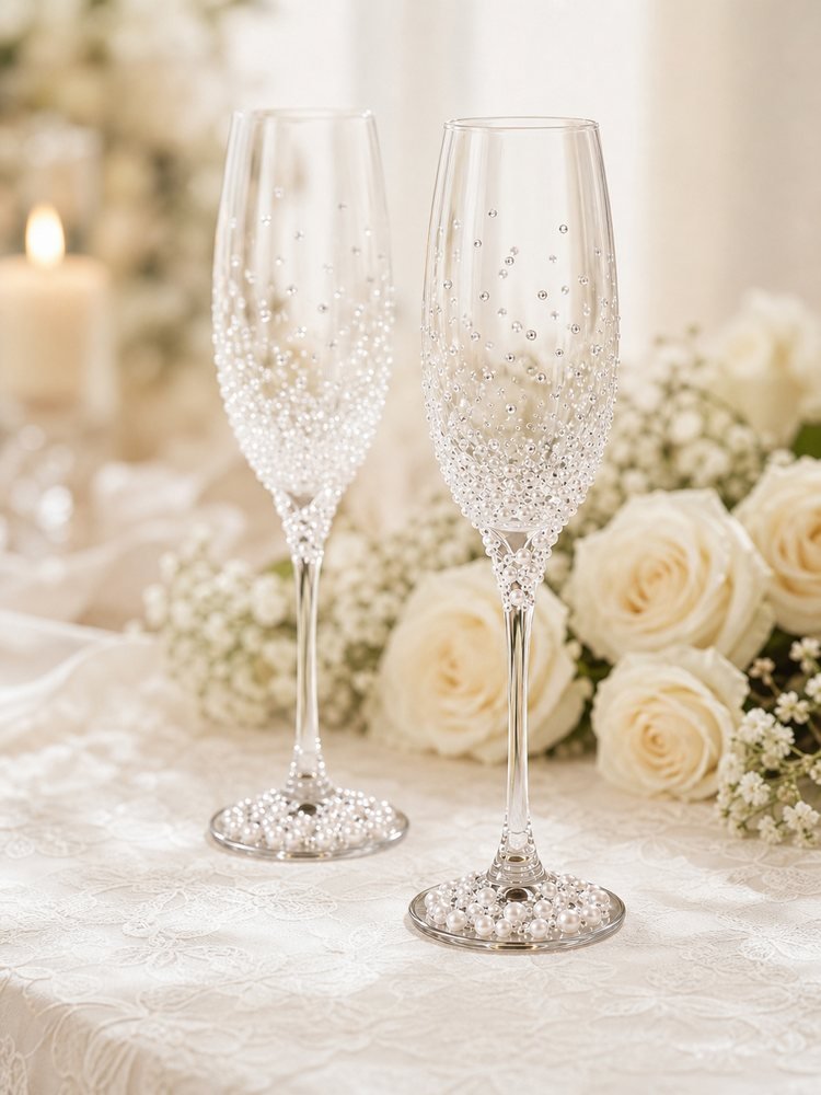 Pearl crystal champagne flute set styled on an ivory celebration table