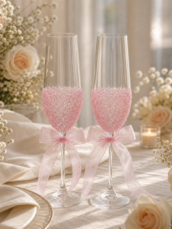 Pink Crystal Bow Champagne Flute Set of 2