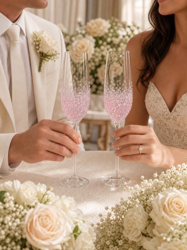 Pink Crystal Champagne Flute Set of 2 for Wedding Toasts