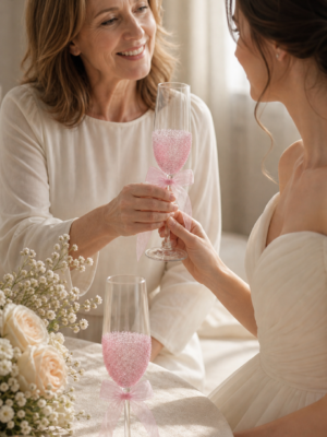 Pink crystal bow champagne flutes bridal blessing storyboard
