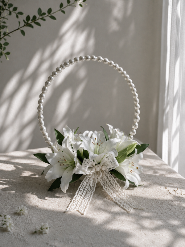 White Lily Pearl Basket Bridal Bouquet