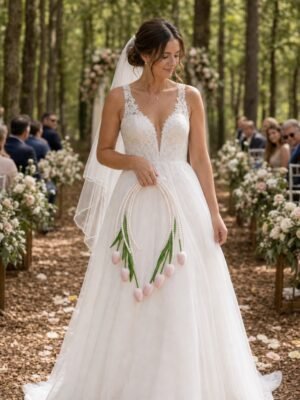 Bride carrying a blush pink tulip pearl hoop bouquet along a woodland wedding aisle