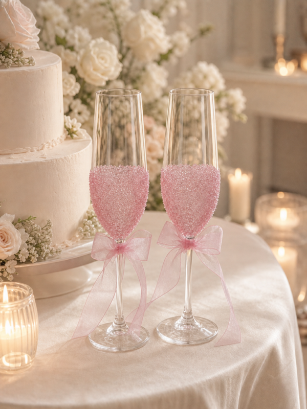 Pink Crystal Bow Champagne Flute Set of 2
