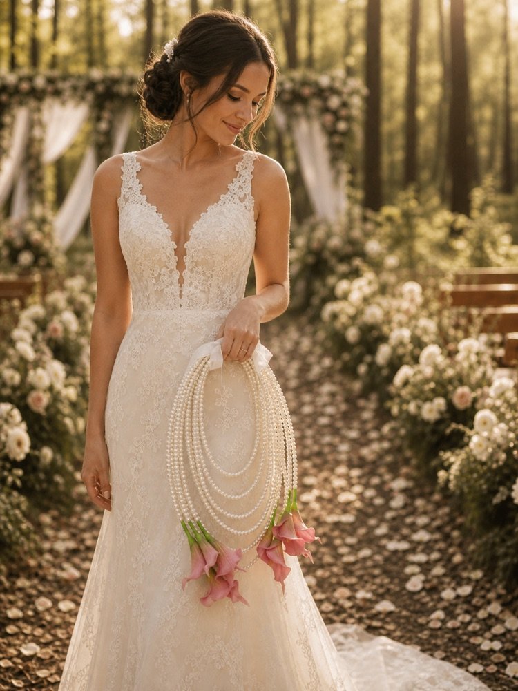 Bride wearing a lace gown holding a pink calla lily pearl bridal bouquet in a garden ceremony setting