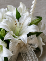 White Lily Pearl Basket Bridal Bouquet