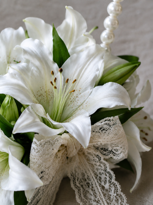 White Lily Pearl Basket Bridal Bouquet