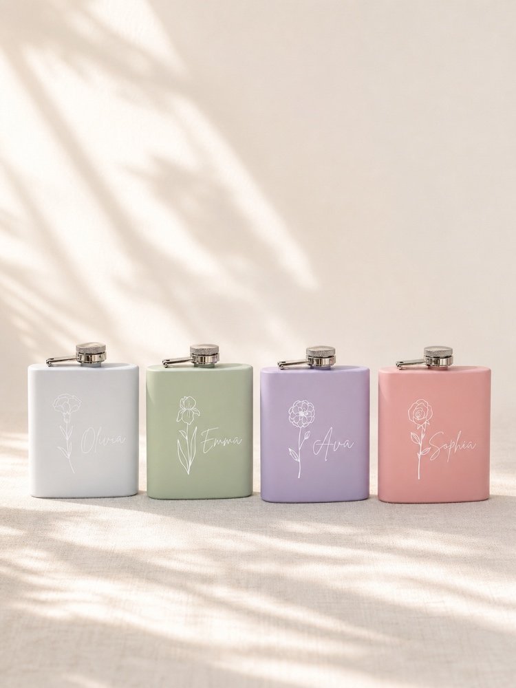 Custom birth flower flask set in white, sage green, lavender, and blush pink with personalized name and floral engraving