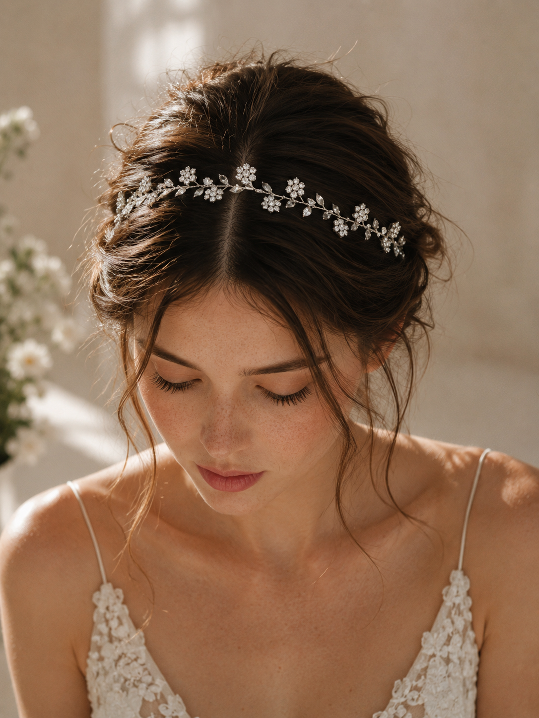 Silver blossom bridal hair vine styled across the crown of a bridal updo