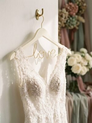 Custom Love bridal hanger styled with a lace wedding dress in a soft floral room