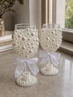 Handmade Pearl Wedding Goblets with White Bows