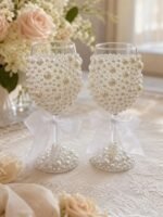 Handmade Pearl Wedding Goblets with White Bows