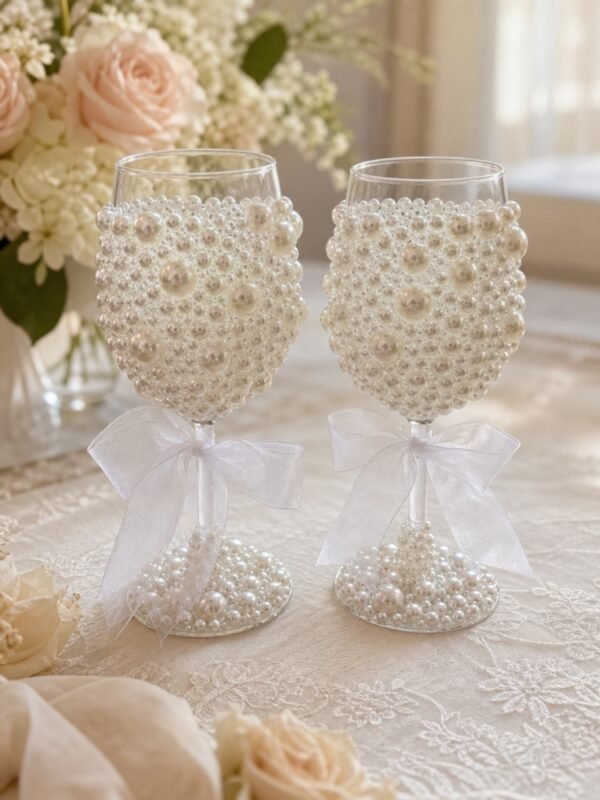 Handmade Pearl Wedding Goblets with White Bows