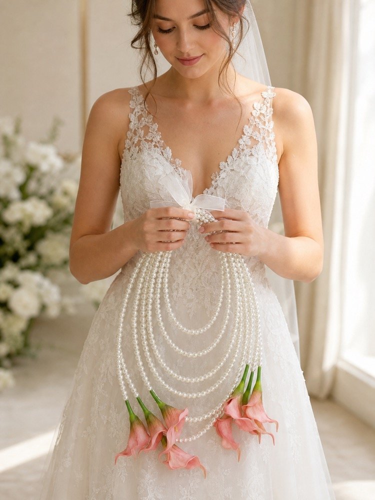 Bride holding a pink calla lily pearl bouquet in warm natural light