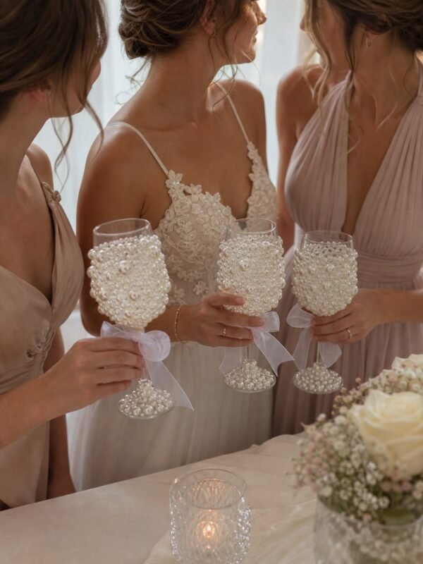 Handmade Pearl Wedding Goblets with White Bows