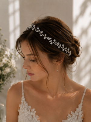 Silver crystal bridal hair vine worn as a delicate side bridal hairpiece
