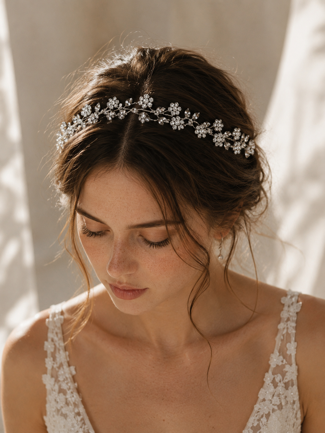 Silver floral crystal bridal hair vine styled across soft bridal hair with light-catching leaf accents